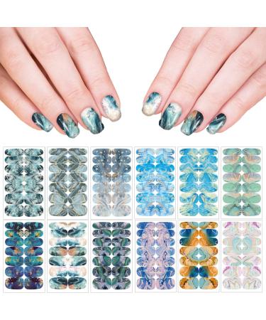 12 Sheets Marble Full Nail Wraps Bronzing Stickers  Nail Polish Strips DIY Self-Adhesive Nail Art Decals with 2 Piece Nail Files for Daily Party Decorations (168 Pieces) 12 Sheets  marble