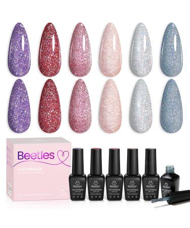 Beetles 6 Colors Gel Nail Polish Kit Pink Silver Glitter Gel Polish Shining Gel Soak Off Nail Lamp Cured Nail Manicure Among the Stars
