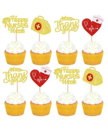 Ercadio 24Pcs Nurse Cupcake Toppers Happy Nurse Week Nursing School Graduation Cupcake Picks Thank You for Medical Nurse Themed Birthday Party Cake Decorations Supplies Red Nurse Week