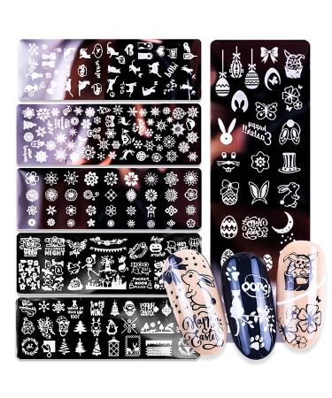 Nail Stamping Plate, DANNEASY 6 Pieces Nail Stamp Kit Nail Stencils Manicure Template With Nail Stamper, Scraper, Storage Bag (Holiday Style) Kit2