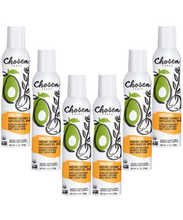 Chosen Foods Organic Avocado, Coconut and Safflower Oil Spray 4.7 oz., Non-GMO, 490°F Smoke Point, Propellant-Free, Air Pressure Only for High-Heat Cooking, Baking and Grilling (4.7 Ounce (Pack of 6))