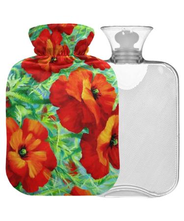 NAANLE hot water bottle with lid flower poppy flower Transparent hot water bottle 2l large hot hot water bottle for menstrual cramps pain relief handfoots heat and cold therapy