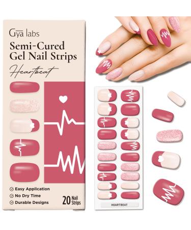 Gya Labs Nail Stickers - Long Lasting Nails for Women - Semi Cured Gel Nail Strips (20 Pcs) - Nail Stickers for Nail Art Kit - Stick on Nails Nail Art Stickers | Festive - Heartbeat