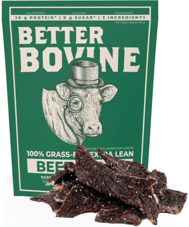 BETTER BOVINE Grass Fed Extra Lean Beef Jerky Keto Paleo Low Carb High Protein Gluten Free Sugar Free Non-GMO Nitrate Free Preservative Free No Antibiotics No Added Hormones 30g Protein 0g Carbs 130 Calories Salt and Pepper 5 Pack - Buy Online on GoSupps.com