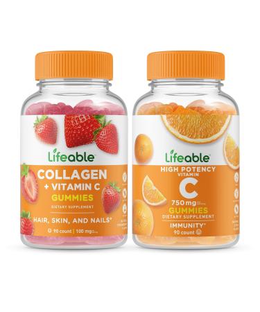 Lifeable Collagen & Vitamin C + Vitamin C 750mg Gummies Bundle - Great Tasting Vitamin Supplement Gluten Free GMO Free Chewable Gummy