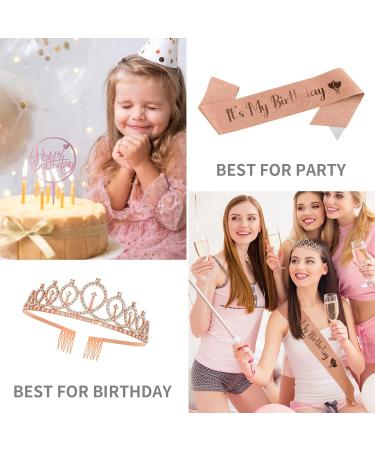 Personalized Birthday Sash & Crown Set for Women - Birthday Cake Toppers & Gift Kit - Rhinestone Hair Accessories - Rose Gold - Buy Online on GoSupps.com