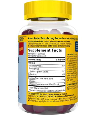 Nature Made Stress Relief Gummies with L-Theanine and Chamomile - 40 Count, Non-Drowsy, Drug Free, Mixed Berry Flavor - Buy Online on GoSupps.com