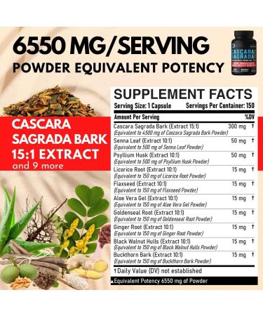 Dedicad Cascara Sagrada Capsules 6550mg - 10 Herb Blend for Digestive & Immune Health - 150 Veggie Pills - Buy Online on GoSupps.com
