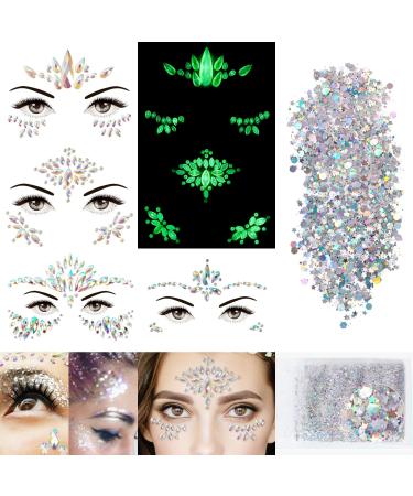 4 Sheets Euphoria Face Jewels Gems+10g Chunky Glitter, Self-Adhesive Rhinestones Stickers-Luminous Gems Euphoria Clothes For Music Festivals Rave Carnival Cosplay-Halloween Glow In The Dark(2Luminous) Silver Glitter