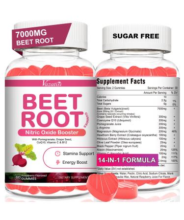 Beet Root Gummies 7000MG Nitric Oxide Beetroot Gummies with Coq 10, Grape Seed, Pomegranate for Circulation & Energy Support Vegan, Non-GMO, 120 Beet Chews 60 Count (Pack of 2)
