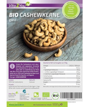 Vita2You Organic Cashew Nuts 1000g | Premium Whole Cashews Naturally Grown & International Shipping - Buy Online on GoSupps.com