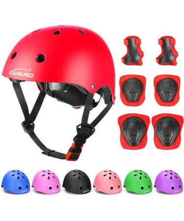 KAMUGO Kids Adjustable Helmet, with Sports Protective Gear Set Knee Elbow Wrist Pads for Toddler Age 3-8 Boys Girls, Bike Skateboard Hoverboard Scooter Rollerblading Helmet Set red
