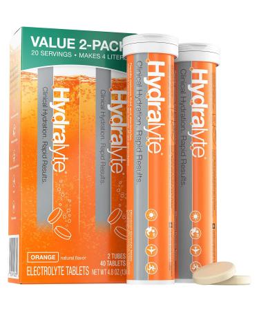Hydralyte Effervescent Electrolyte Tablets, 2 Pack, On-The-go Clinical Hydration (Orange 20 Count x 2), Effervescent Tablets, Add to Water to Make an Electrolyte Drink Orange 20 Count (Pack of 2)