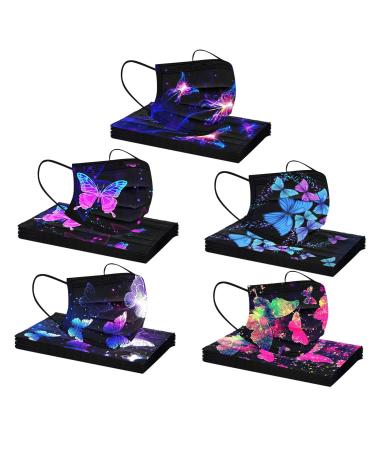 50Pc Disposable Black Face_Masks with Colorful Butterfly Printed Designs for Adult, 3-ply Face Breathable Filter Protective Multicolor1