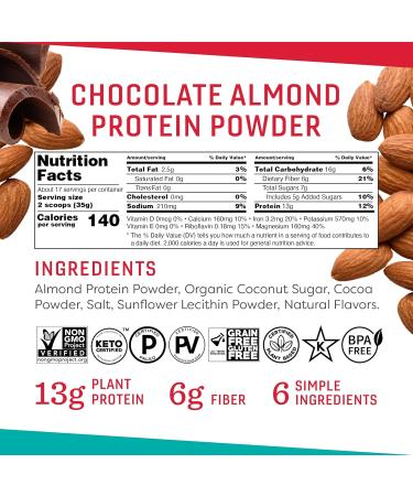Chocolate Almond Protein Powder - 21 oz | 13g Plant-Based Protein | Vegan Keto Paleo Gluten-Free | Made with California Almonds - Buy Online on GoSupps.com