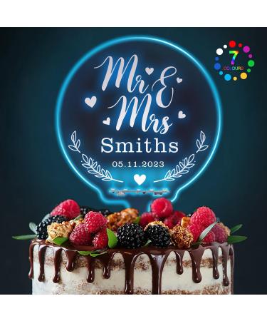 LED Personalised Wedding Cake Toppers 7 Colour Changes Light Up Cake Topper Wedding Bride and Groom Anniversary Cake Toppers MR & MRS Wedding Cake Decorations with Any Name(Design 1) - Buy Online on GoSupps.com