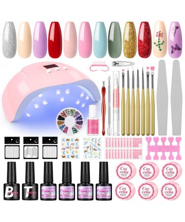 Gel Nail Polish Kit with U V Light Starter Kit 10PC Gel Polish Set Pink Red Glitter Colors with Top Base Coat Nail Art Rhinestone Gel Manicure Kit DIY Nail Art Design for Women