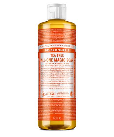 Dr Bronner's 18-in-1 Pure Castile Liquid Soap Made with Organic Oils Used for Face Body Hair Laundry Pets and Dishes Certified Fair Trade & Vegan Friendly 473ml Recycled Bottle Tea Tree 473ml