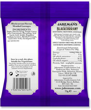 Jakemans Blackcurrant 73g - Pack of 12 - Soothing Menthol Sweets - Suitable for Vegetarians - Buy Online on GoSupps.com