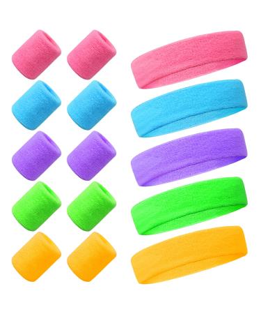 15 pieces of sweat band set 80s neon welding ligament wrist sport elastic with 10 pieces of bracelets for women men basketball tennis gym carnival (5 color) - Buy Online on GoSupps.com
