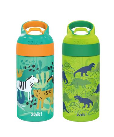 Zak Designs 16oz Riverside Kids Water Bottle with Spout Cover and Built-in Carrying Loop Made of Durable Plastic Leak-Proof Design for Travel (Dino Camo & Safari Pack of 2)