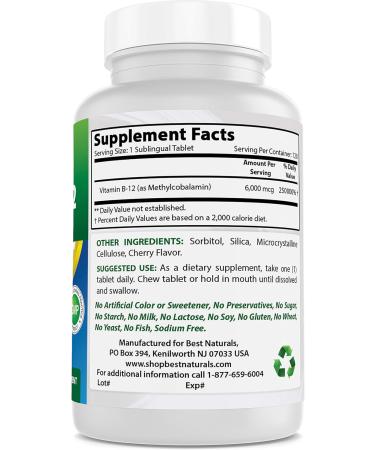 Best Naturals Vitamin B12 6000 mcg 120 Tablets - Natural Vitamin B Supplement - 120 Count - Buy Online on GoSupps.com
