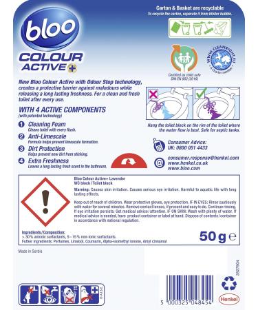 Bloo Lavender Colour Active Toilet Rim Block - 50g (Pack of 1) | Anti-Limescale Cleaning Foam with Dirt Protection for Extra Freshness - Buy Online on GoSupps.com