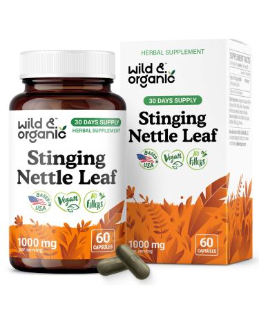 Wild & Organic Stinging Nettle Leaf Capsules - 1000 mg Stinging Nettle Extract for Urinary Support - 60 Vegan Herb Capsules - 30 Days Supply - Non-GMO Gluten-Free No Fillers 60 Count (Pack of 1)