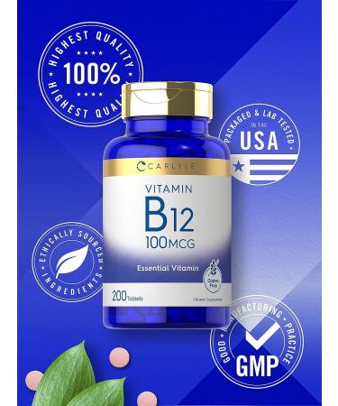 Carlyle Vitamin B12 100mcg - 200 Tablets | Vegan, Non-GMO, Gluten Free - Essential Supplement - Buy Online on GoSupps.com