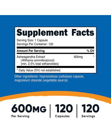 Nutricost Ashwagandha 600mg 120 Capsules - Vegetarian, Non-GMO, Gluten Free - Buy Online on GoSupps.com