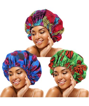 3 Pieces Double Layer Satin Bonnet for Women  African Women Silk Like Hair Cap Satin Hair Bonnet for Sleeping Bonnets (Flower Series) Multicoloured