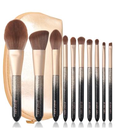 Deluxe Glitter Bionic Fox Hair Makeup Brush Set by Luxury ENZO KEN with Gold Travel Bag, Bedazzled Glittery Eye Eyeshadow Brush Set, Luxe Black Essential Brushes Pack- Bling Face Contour Bronzer Concealer Complete Cosmetic…