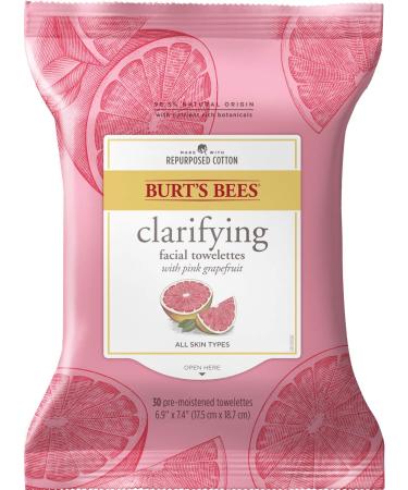 Burts Bees Clarifying Facial Cleanser Towelettes and Makeup Remover Wipes with Pink Grapefruit  for All Skin Types  Made with Repurposed Cotton  30 Count 30 Count (Pack of 1) Pink Grapefruit