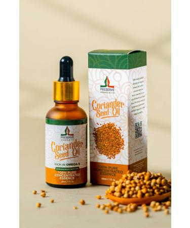 PRESERVE Coriander seed oil 100% pure natural Cold Pressed Concentrated essence oil 30ml (1.oz) Vegan plant based Omega 6 fatty acids Glass Bottle