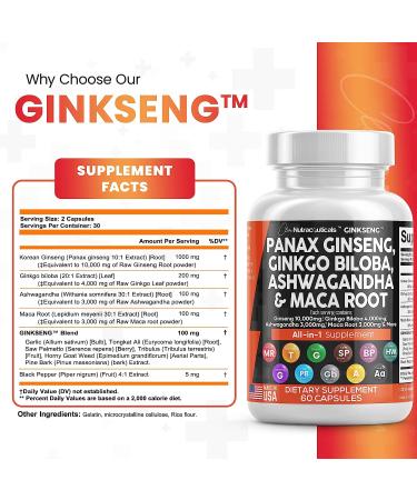 Premium Brain Supplement with Panax Ginseng, Ginkgo Biloba, Ashwagandha & More - 60 Caps - Made in USA - Buy Online on GoSupps.com