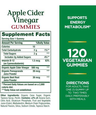 Nature's Bounty Apple Cider Vinegar Gummies - Energy & Metabolism Supplements | Non-GMO, Vegetarian, Vitamin B12, Beet Root, Pomegranate | 500mg (120 Count) - Buy Online on GoSupps.com