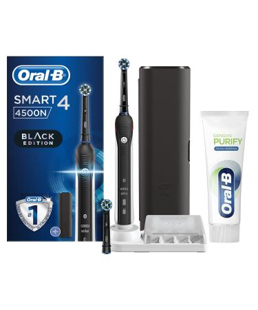 Oral-B electric toothbrush rechargeable smart 4 4500 cross action black 3 brush modes 2 brush heads premium travel case + toothpaste oral-B gums purify deep cleaning