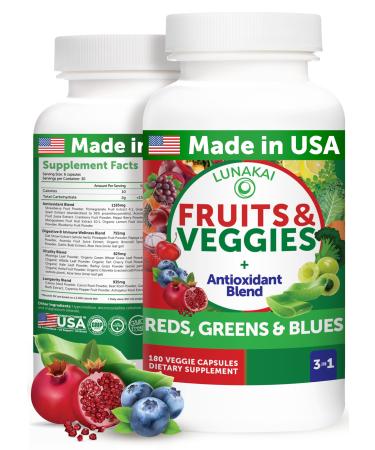 Lunakai USA Made Superfood Fruits & Veggies Supplement - All-in-One with 4 Blends & Scented Capsules 180ct Super Veggie Capsules for Adults One Month Supply