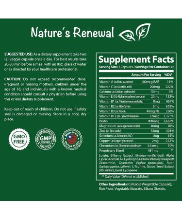 Nature's Renewal Eye Health Complex Supplement - Lutein Zeaxanthin Lycopene Bilberry Eyebright Carotenoids Macular Support Herbs Sight Care Vitamins Vision Antioxidants - 60 Capsules - Buy Online on GoSupps.com