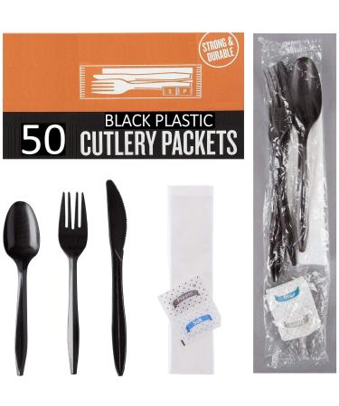 50 Plastic Cutlery Packets - Knife Fork Spoon Napkin Salt Pepper Sets | Black Plastic Silverware Sets Individually Wrapped Cutlery Kits Bulk Plastic Utensil Cutlery Set Disposable To Go Silverware 50 Pack