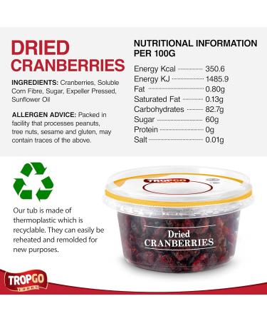 Tropgo Dried Cranberries 190g - Dried Fruit in Resealable and Recyclable Tub - Quick Energy Boost & Wholesome Trail Mix - Ready-to-Eat Dehydrated Fruit Snacks for Kids and Adults - Buy Online on GoSupps.com