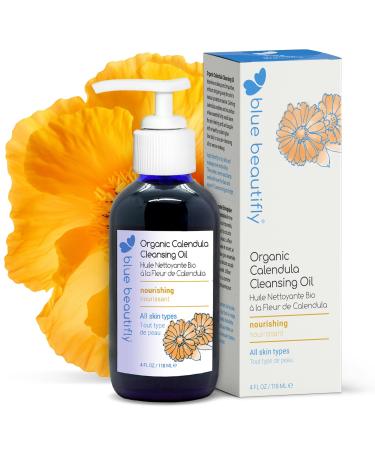 Blue Beautifly USDA Certified Organic Calendula Cleansing Oil | Removes Makeup Cleanses Pores and Restores Protective Barrier | Enriched with Apricot Oil and Turmeric Extract | 4 fl oz