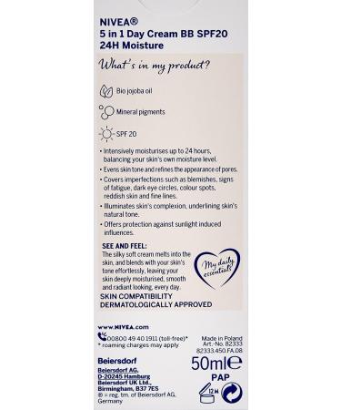  NIVEA Nivea BB Cream Light 5-in-1 Moisturiser with Organic Jojoba Oil and Minerals - 24 Hour Effectiveness - SPF 20 - 3 Bottles - Buy Online on GoSupps.com