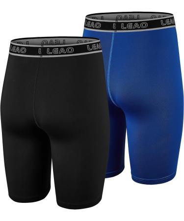 LEAO Youth Boys Compression Shorts 2-Pack Black/Royal Blue Large - Performance Athletic Underwear & Sports Boxer Briefs - Buy Online on GoSupps.com