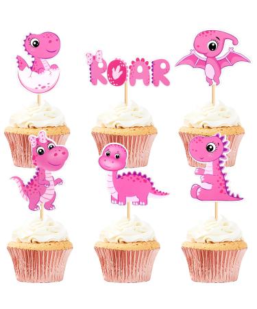 Ercadio 24 Pack Dinosaur Cupcake Toppers Pink Cute Baby Dinosaur Cupcake Picks Little Dino Roar Cupcake Picks for Dino Theme Baby Shower Gender Reveal Kids Birthday Party Cake Decor Supplies B-pink Dino