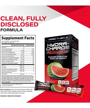Kaged Muscle Hydra-Charge Amped Electrolyte Powder Packet - Watermelon (Caffeinated) 20 Servings - Buy Online on GoSupps.com