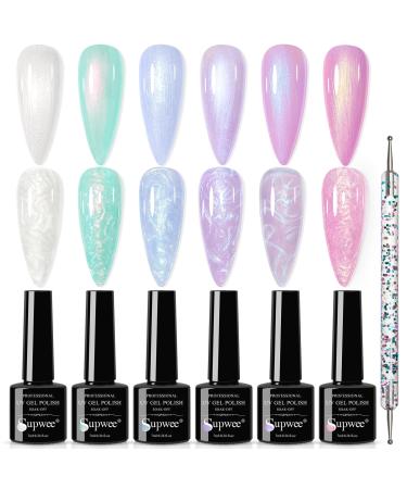 SUPWEE Pearl Shell Gel Polish 6 Colors Shell Thread Glitter Gel Nail Polish Shimmer Mermaid Soak Off UV LED Gel for Salon Home DIY Manicure LW165