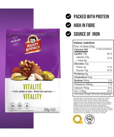 Krispy Kernels Dried Fruits & Nuts - Vitality Mixed Nuts Rich in Fibre Iron & Protein Cranberries Raisins Soybeans Almonds Yogurt chips Sunflower & Pumpkin Seeds Walnuts Pistachios Snacks 8 x 225g - Buy Online on GoSupps.com