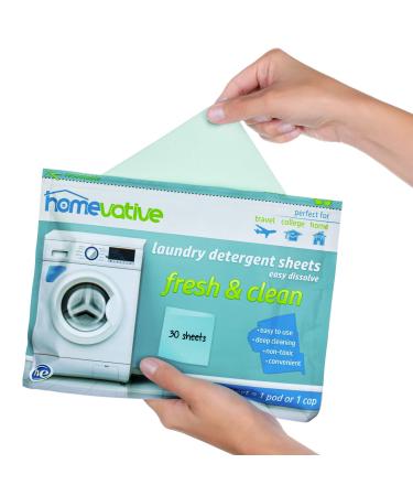 Homevative Laundry Detergent Sheets, Easy dissolve, 30 sheets, Fresh & Clean scent, Eco-friendly package, Great for travel, college, laundromat and at home, Compatible with HE machines Fresh and Clean