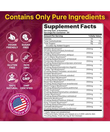 Yi Nutrition 15-in-1 Sugar-Free Mushroom Complex Gummies 10:1 Extract - Lion's Mane Cordyceps Chaga Reishi Turkey Tail Tremella & More for Memory Focus Immunity - 90 Wild Berry Gummies - Buy Online on GoSupps.com